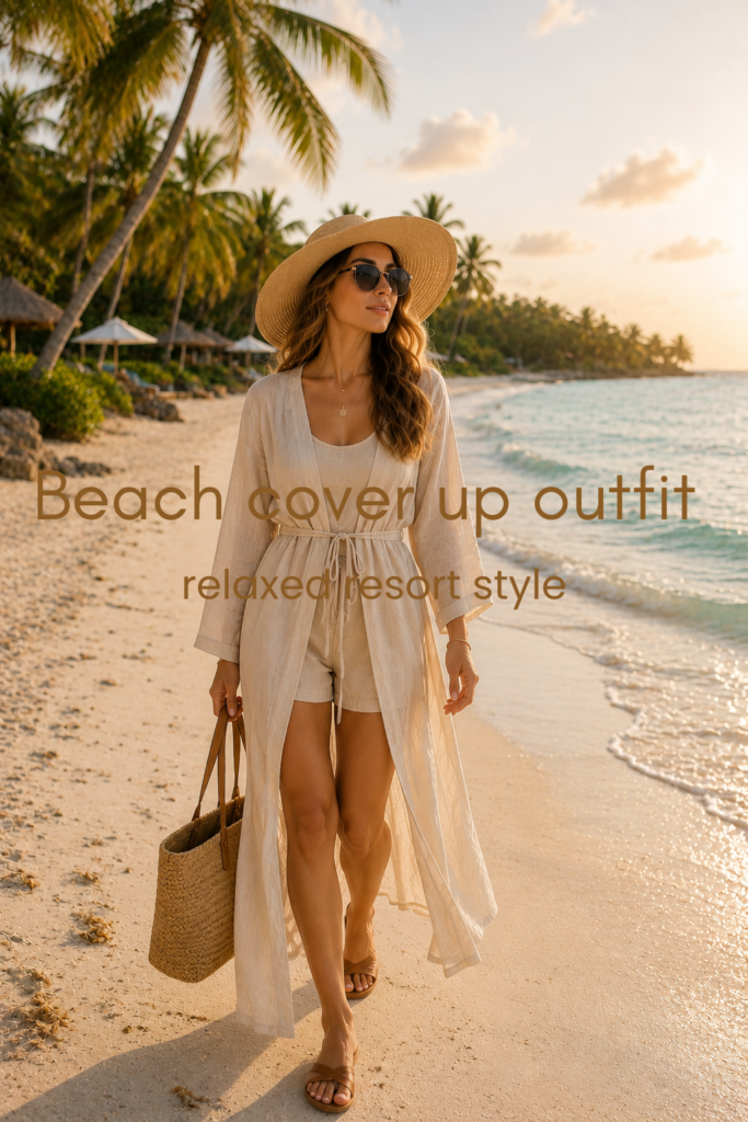 Stylish woman wearing a lightweight beach cover-up over a swimsuit with a straw hat and sandals for a trendy summer beach look in 2026.
