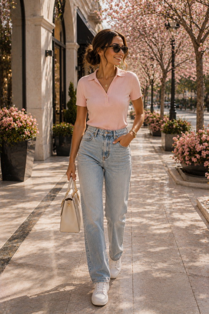 A fitted baby pink polo T-shirt paired with light-wash straight-leg jeans creates a fresh and polished summer outfit. Styled with white sneakers, a cream handbag, delicate gold jewelry, and designer sunglasses, this look is perfect for casual outings, shopping, and weekend wear.