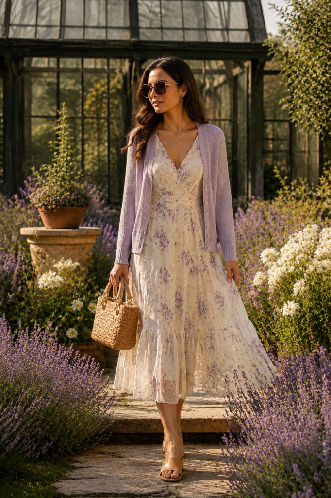 A stylish woman wearing a lightweight knit cardigan over a floral summer dress with sandals and a woven handbag in a beautiful garden setting.