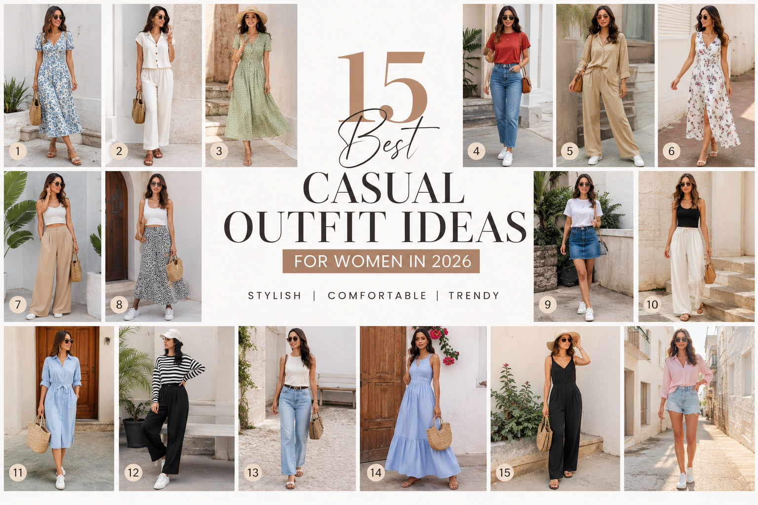 Best Summer Outfit Ideas for Women 2026 – Fashion collage featuring 15 casual outfit ideas for women, including summer dresses, co-ord sets, jeans, skirts, wide-leg pants, and stylish everyday looks.