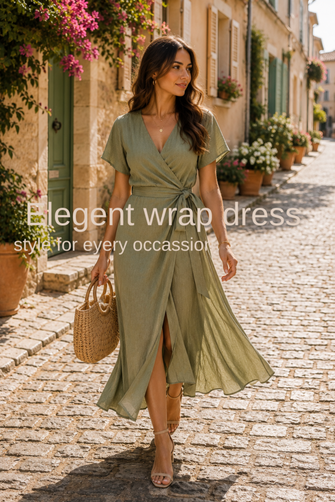 Elegant woman wearing a stylish wrap dress with a flattering waist tie, perfect for a chic summer look in 2026.