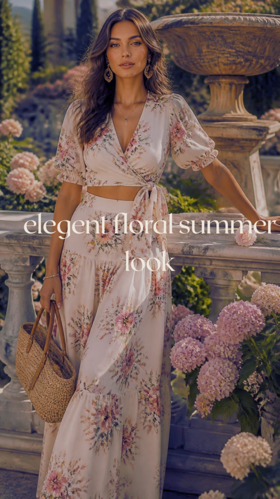 Woman wearing a beautiful floral summer dress with a fresh and elegant look for summer 2026.