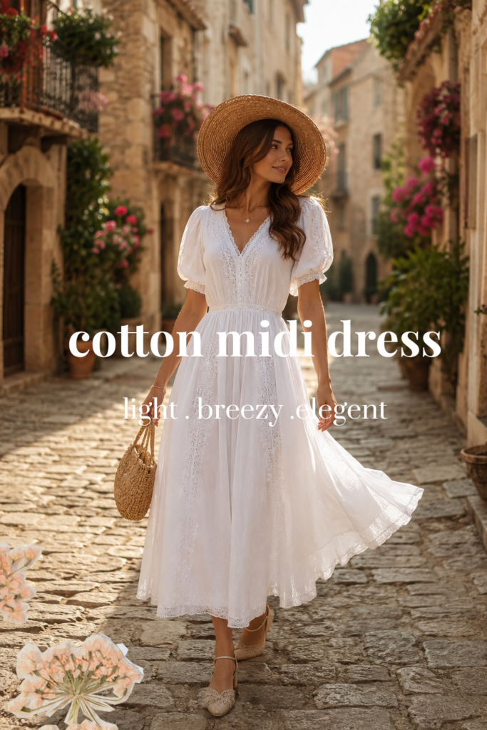 Woman wearing a stylish white cotton midi dress with elegant embroidery and puff sleeves for a fresh summer look in 2026.
