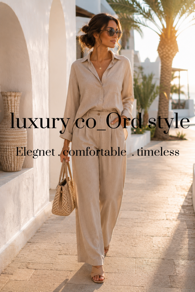 Stylish woman wearing a matching beige co-ord set with a button-up shirt and wide-leg trousers for an elegant summer look in 2026.