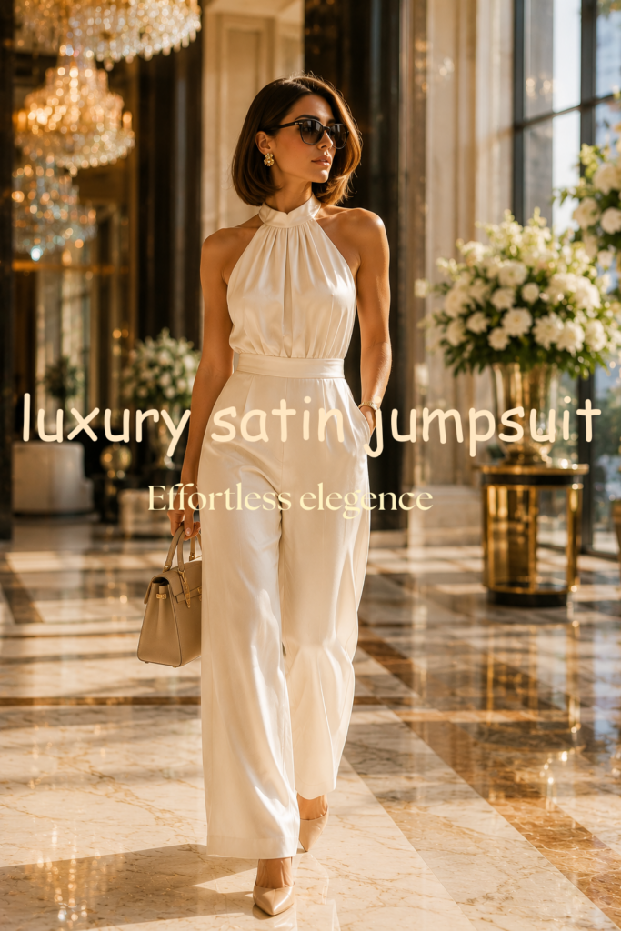 Elegant woman wearing a stylish satin jumpsuit with high heels and a chic handbag for a sophisticated summer look in 2026.