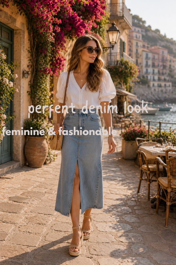Stylish woman wearing a denim skirt with a white blouse and sneakers for a trendy casual summer outfit in 2026.
