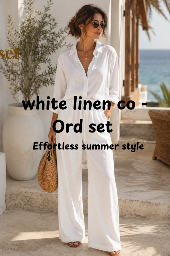 Elegant woman wearing a white linen co-ord set with a matching shirt and wide-leg trousers for a stylish summer look in 2026.